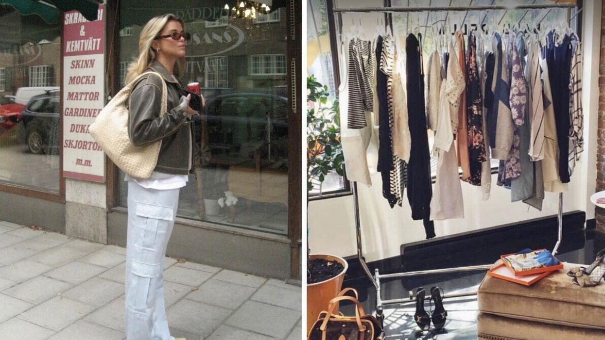 Une personne tient son café et regarde au loin devant la vitrine d'un magasin. Droite : un rack de vêtements et des accessoires éparpillés dans une boutique.