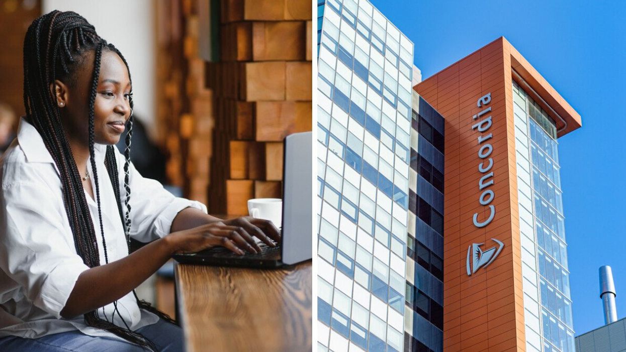 Une personne travaille devant son ordinateur portable dans un café. Droite : un immeuble avec le logo de l'Université Concordia à Montréal.