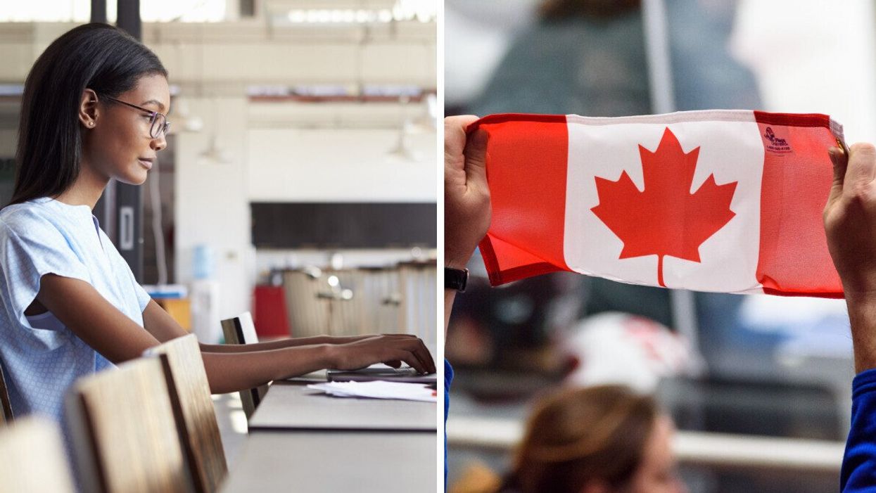 Une personne travaille sur son ordinateur portable dans un bureau. Droite: Deux mains tiennent un petit drapeau du Canada.
