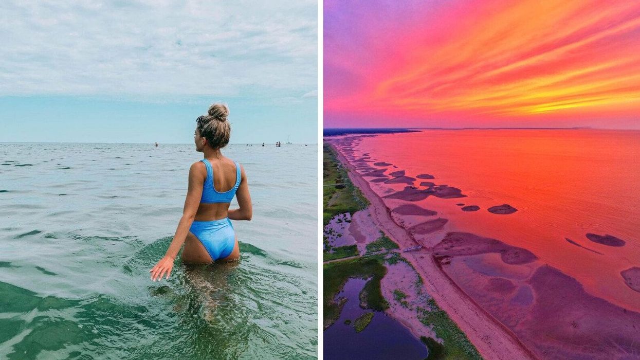 Une personnes dans l'eau de la plage Parlee. Droite : Un coucher de soleil à la plage Gagnon.