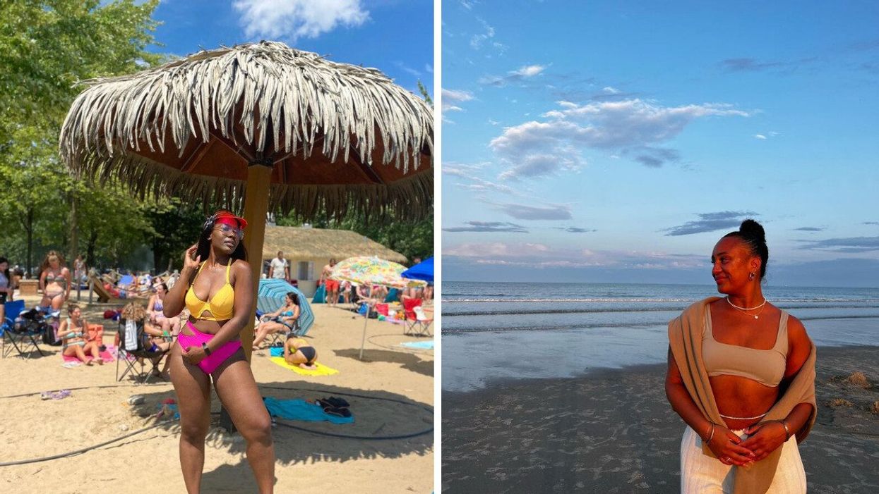 Une personnes sous un palapas à la plage. Droite : Une personne devant l'eau à la plage.