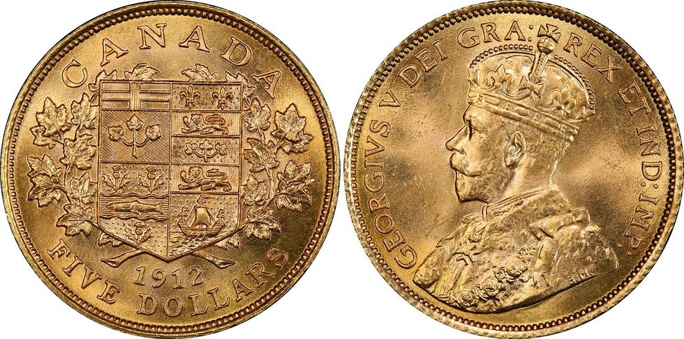 Une pi\u00e8ce de 5 $ du roi George V de 1912. Droite : Une pi\u00e8ce de 5 $ du roi George V de 1912.