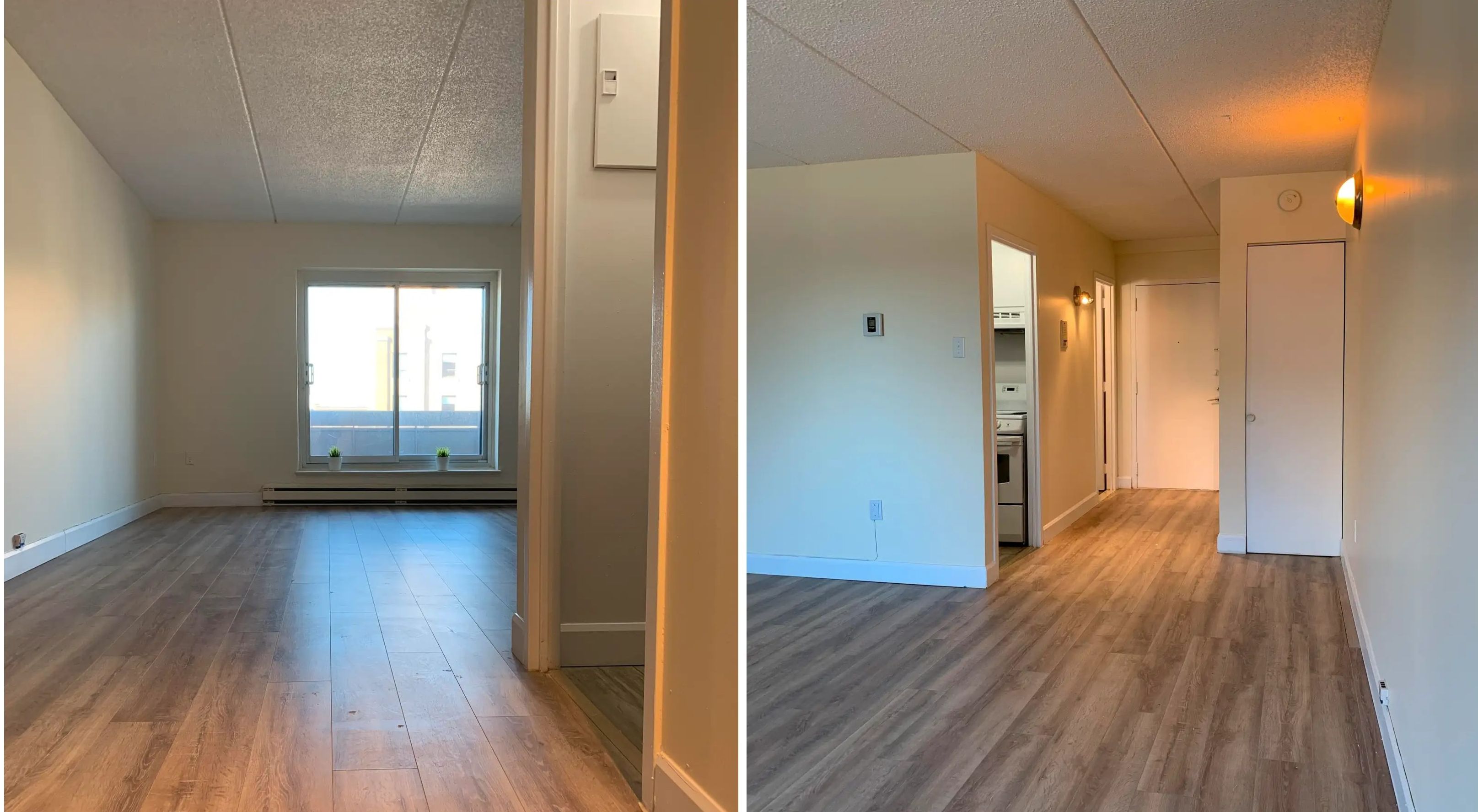 Une pi\u00e8ce ouverte. \u00c0 droite : une cuisine.