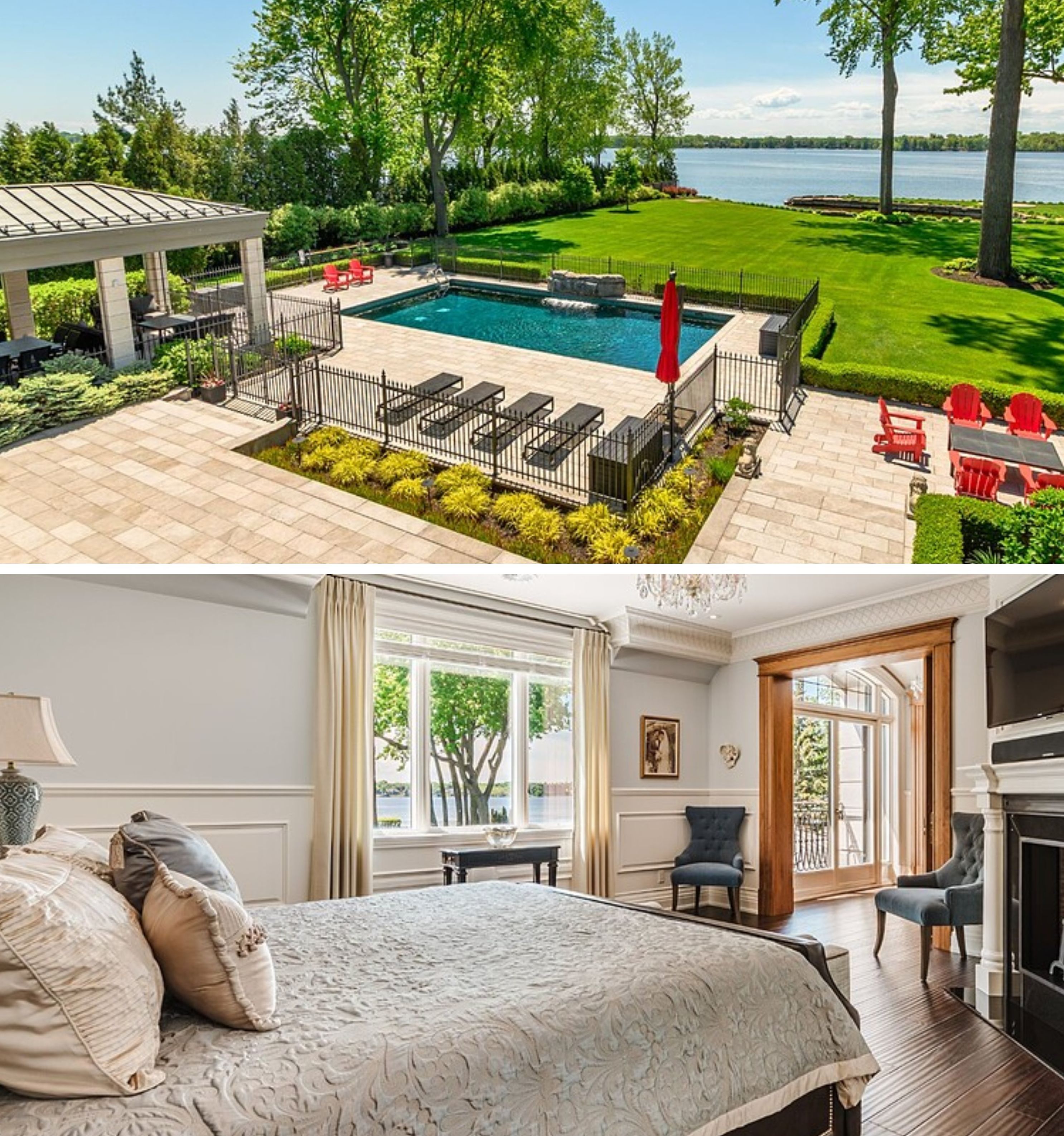 Une piscine. Bas : une chambre \u00e0 coucher.