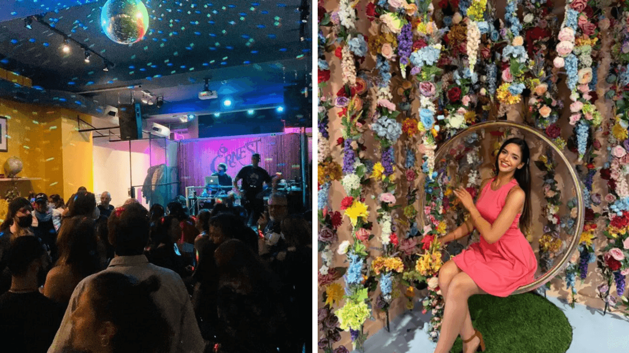 Une piste de danse. Droite : Un personne devant un mur de fleurs.