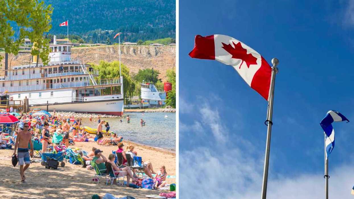 Une plage au Canada. Droite : Des drapeaux canadiens et québécois.