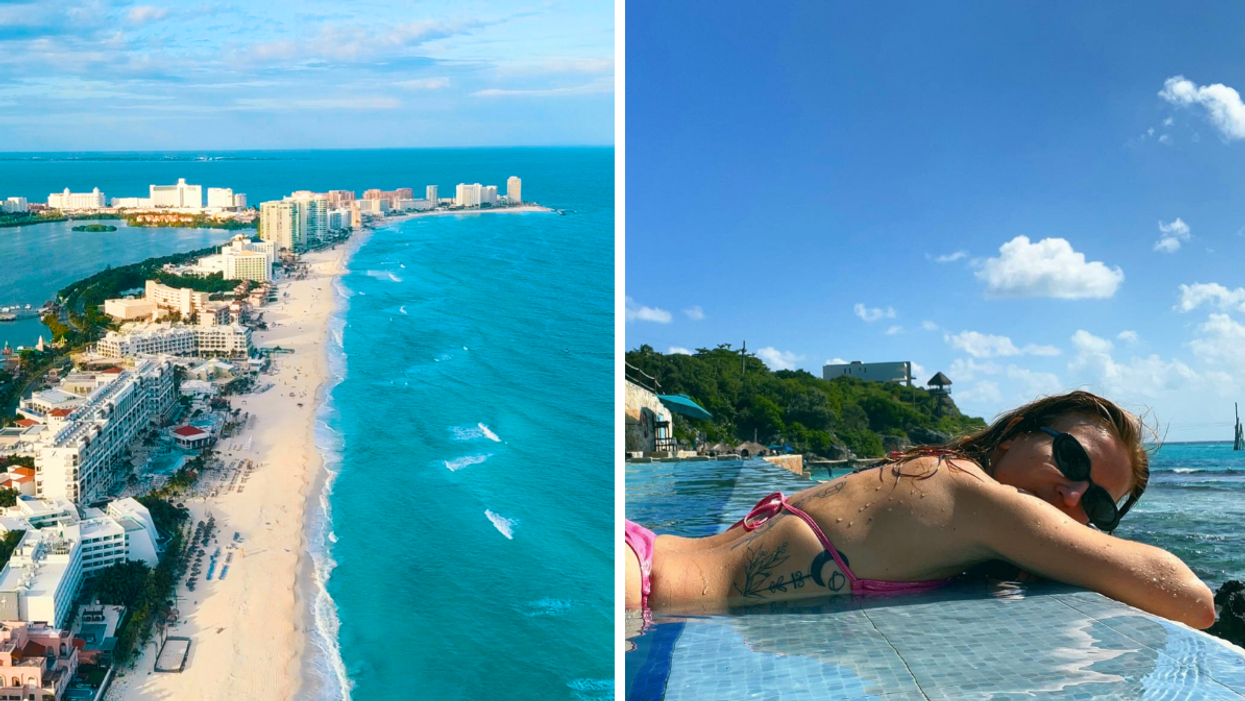 Une plage au Mexique. Droite : Une personne au bord de la piscine au Mexique.