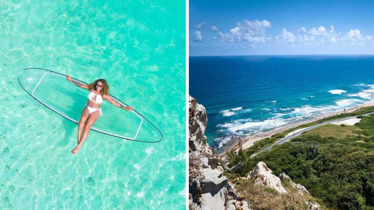 Une plage en Barbade. Droite : Une femme dans un kayak transparent.