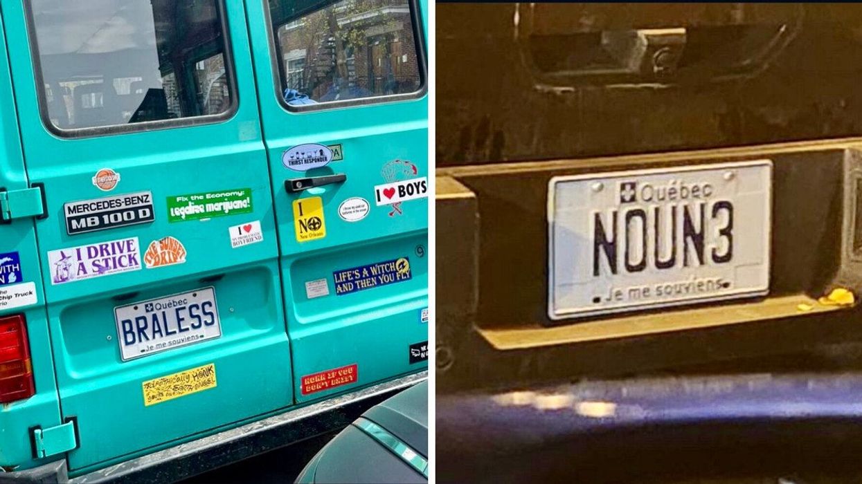 Une plaque d'auto sur un véhicule turquoise où il est écrit BRALESS. Droite : une plaque d'auto où il est écrit NOUN3.