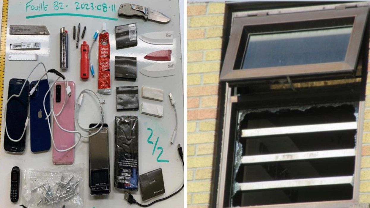 Une plaque de saisie en prison avec des cellulaires, chargeurs, lames et couteaux. Droite : Une fenêtre cassée à travers les barreaux d'une prison.