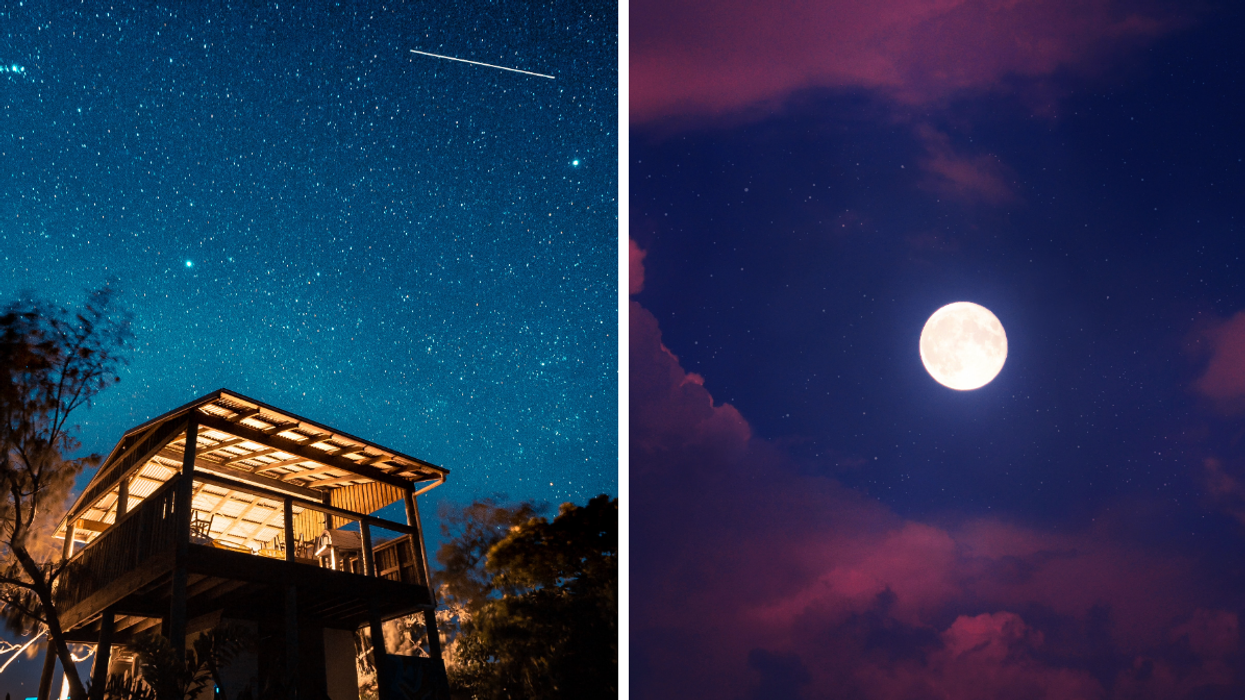 Une pluie d'étoiles filantes. Droite : Une pleine lune.