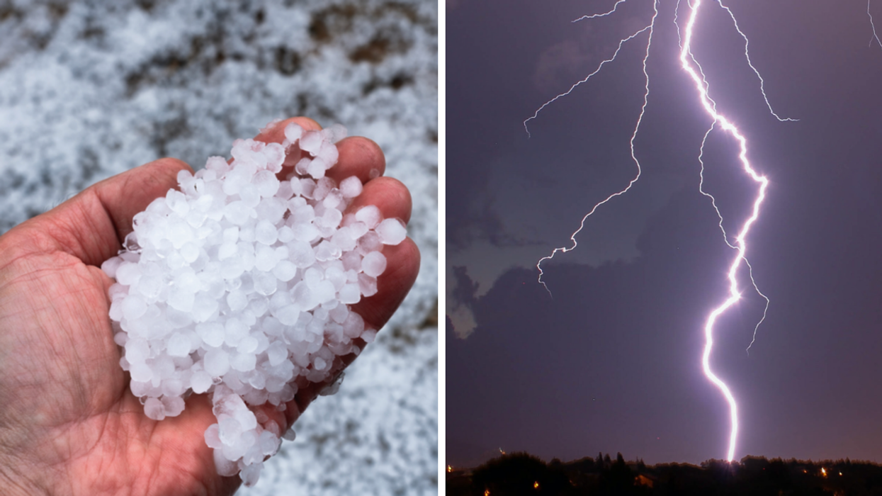Une poignée de grêle dans une main. Droite : Un orage.