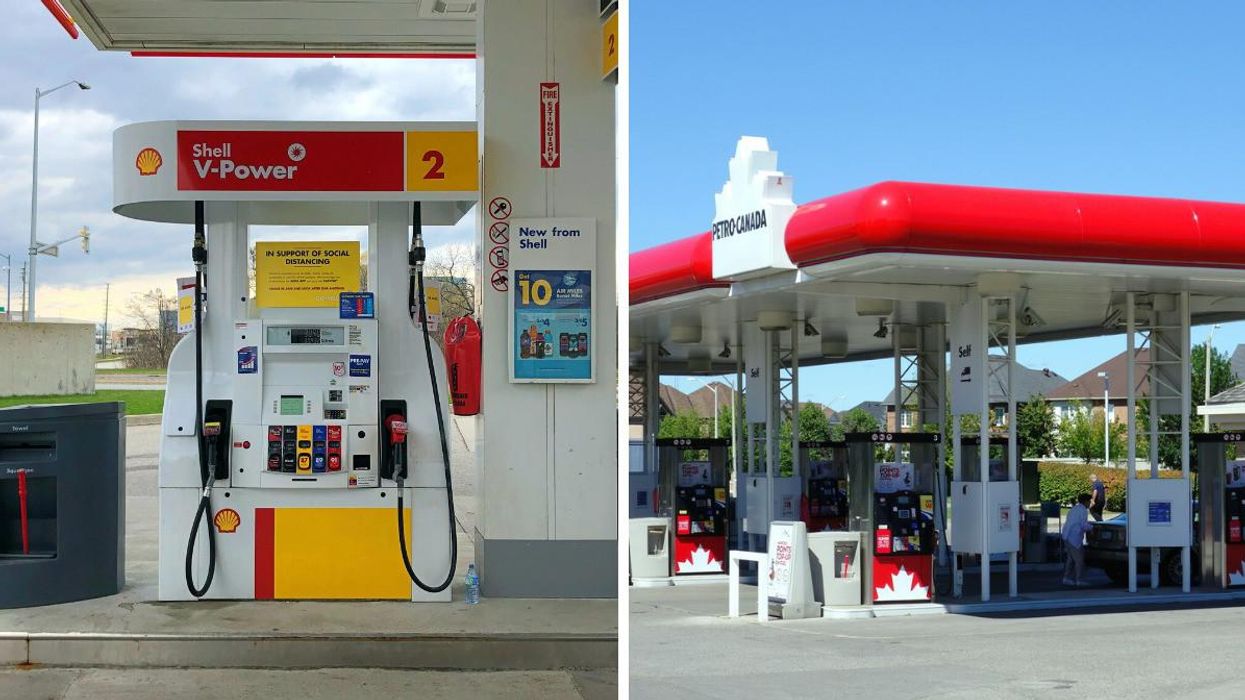 Une pompe de station-service. Droite : une station-service.