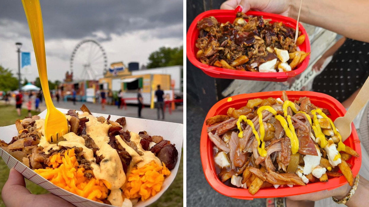 Une poutine dans le Vieux-Montréal. Droite : Des poutines du PoutineFest.