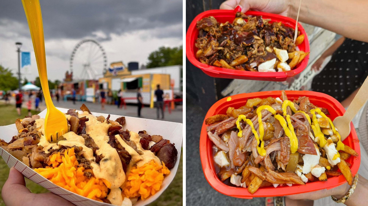 Une poutine dans le Vieux-Montréal. Droite : Des poutines du PoutineFest.