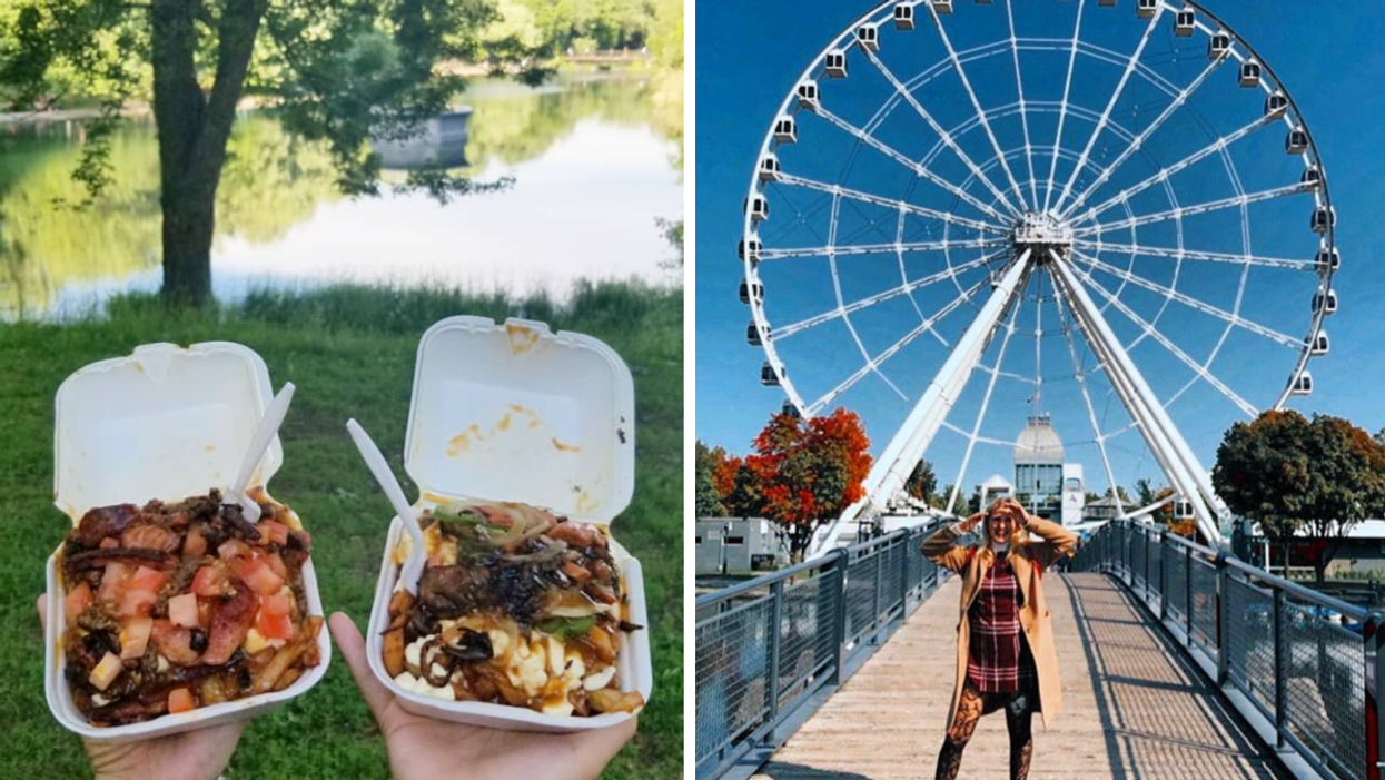 Une poutine de La Banquise au parc La Fontaine. Droite : La Grande roue de Montréal.