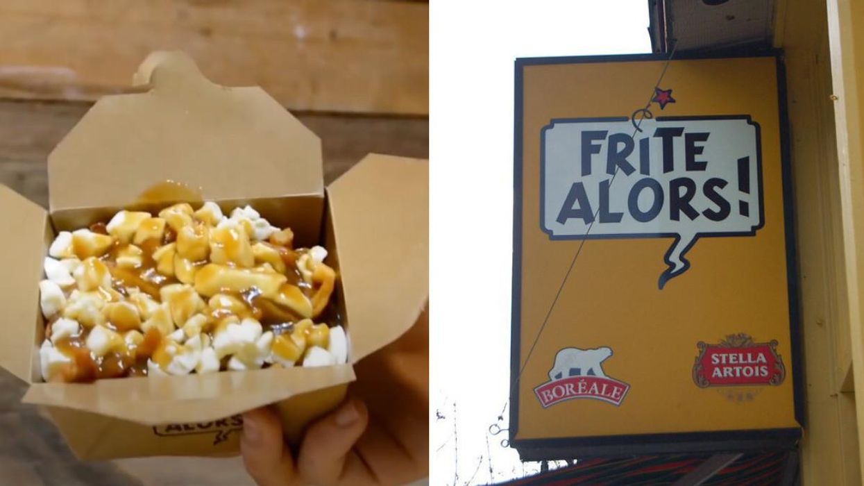 Une poutine. Droite : enseigne Frite Alors.