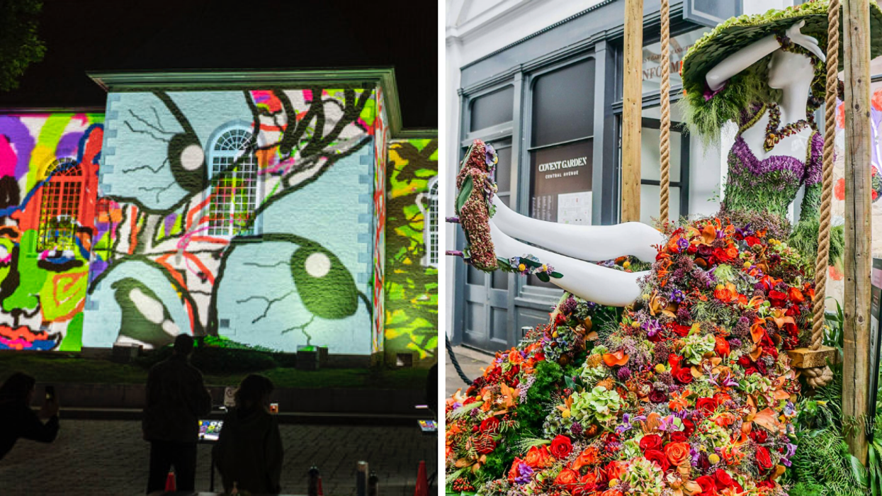 Une projection d'Halloween. Droite : Un mannequin de Fleurs de villes.
