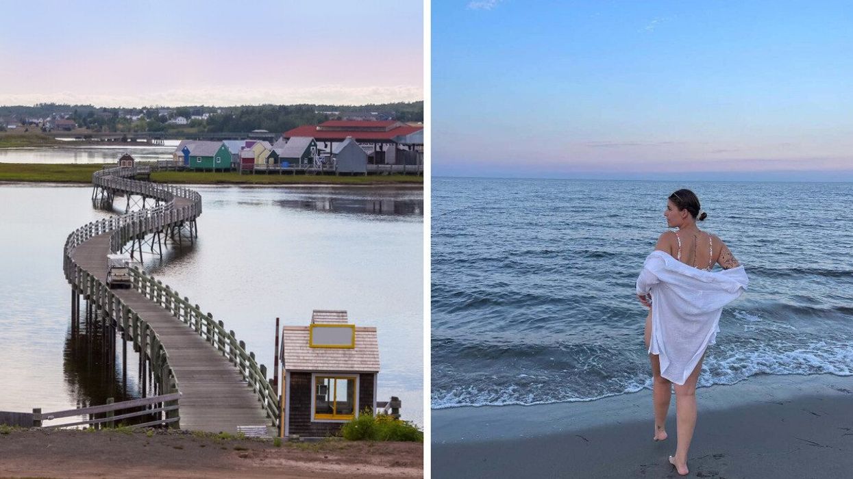 Une promenade au Pays de la Sagouine à Bouctouche. Droite: Une femme sur la plage au parc national Kouchibouguac.