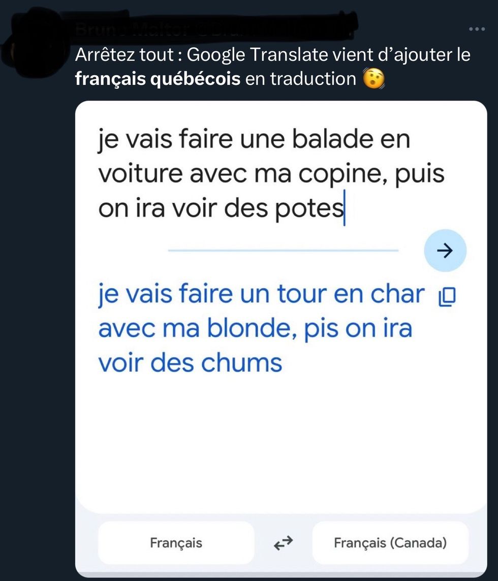 Une publication sur X avec un exemple de traduction du fran\u00e7ais au fran\u00e7ais qu\u00e9b\u00e9cois sur Google Traduction.