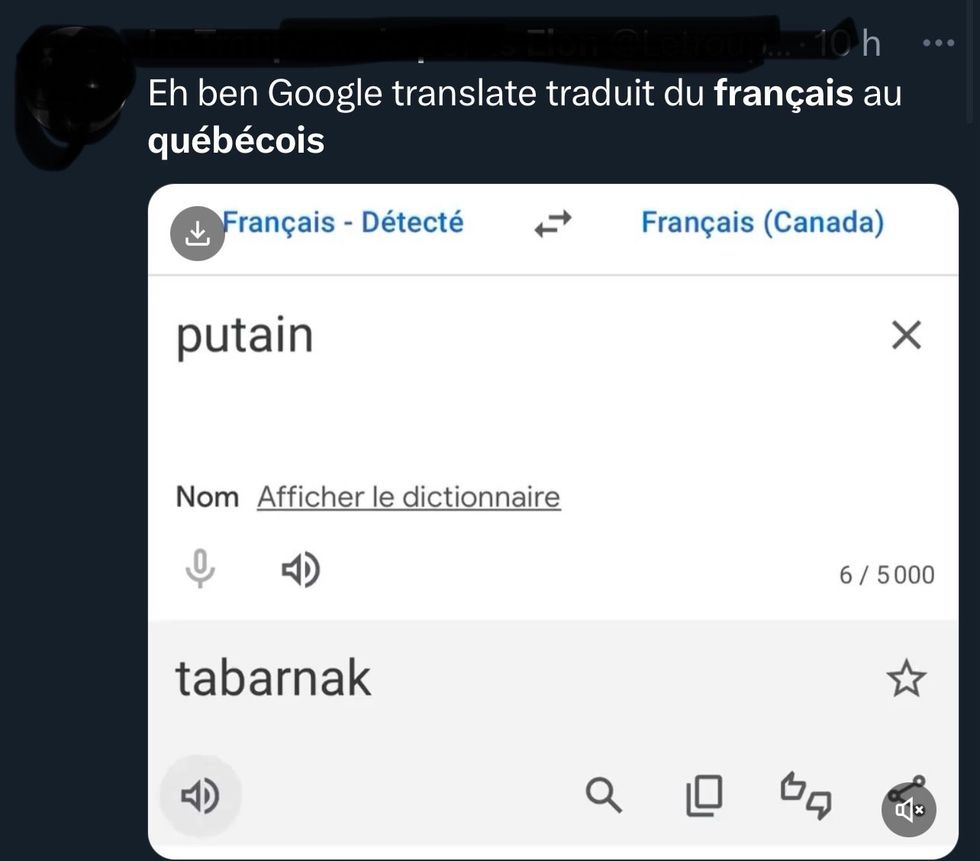 Une publication sur X avec un exemple de traduction du fran\u00e7ais au fran\u00e7ais qu\u00e9b\u00e9cois sur Google Traduction.