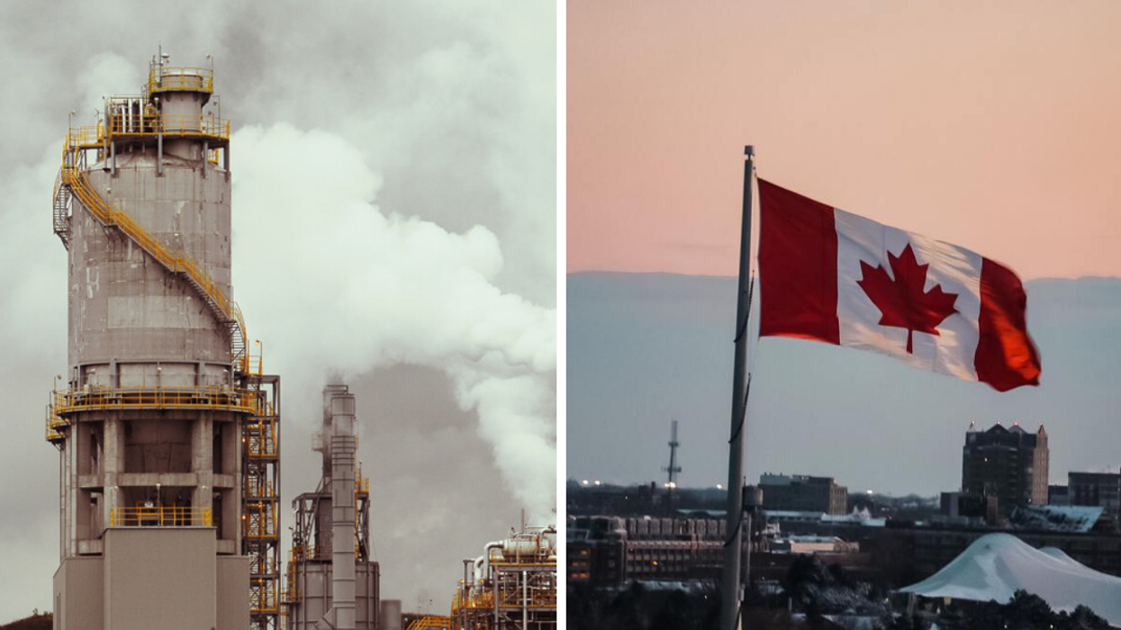 Une raffinerie. Droite : Drapeau du Canada.