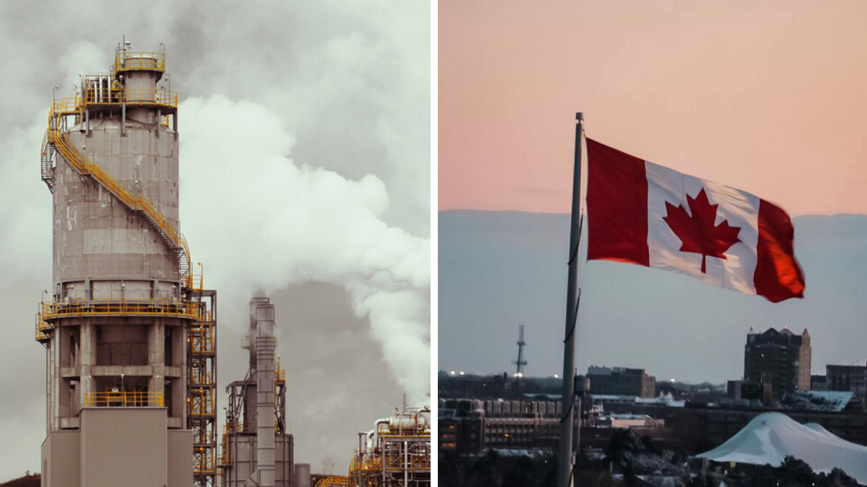 Une raffinerie. Droite : Drapeau du Canada.