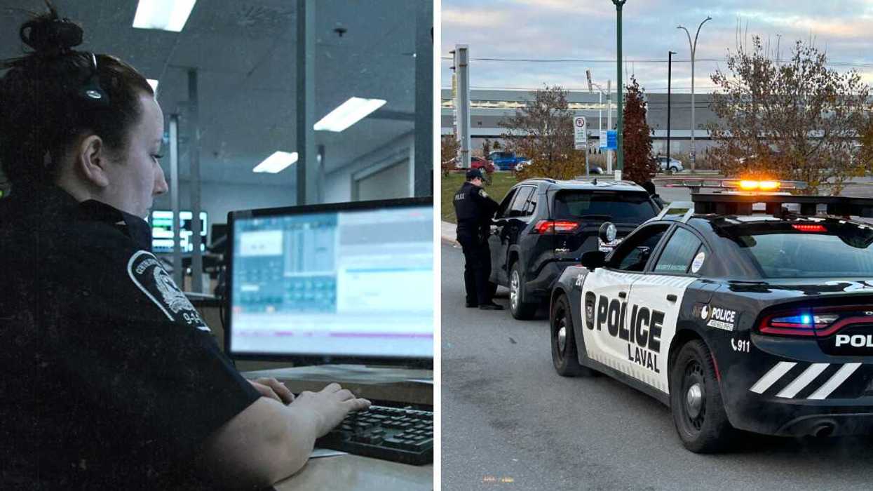 Une répartitrice du 911 à Laval. Droite : La police de Laval au travail.
