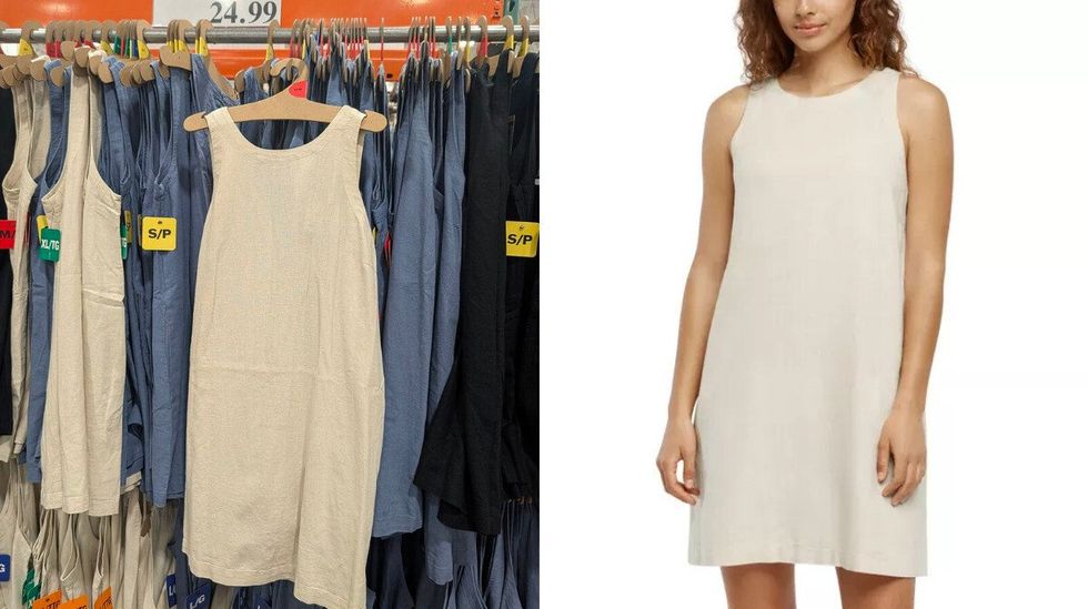 Une robe beige en lin dans le rayon des v\u00eatements chez Costco. Droite : une mannequin qui la porte.
