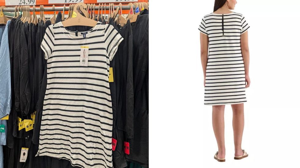 Une robe blanche \u00e0 rayures noires dans le rayon des v\u00eatements chez Costco. Droite : une mannequin qui la porte.
