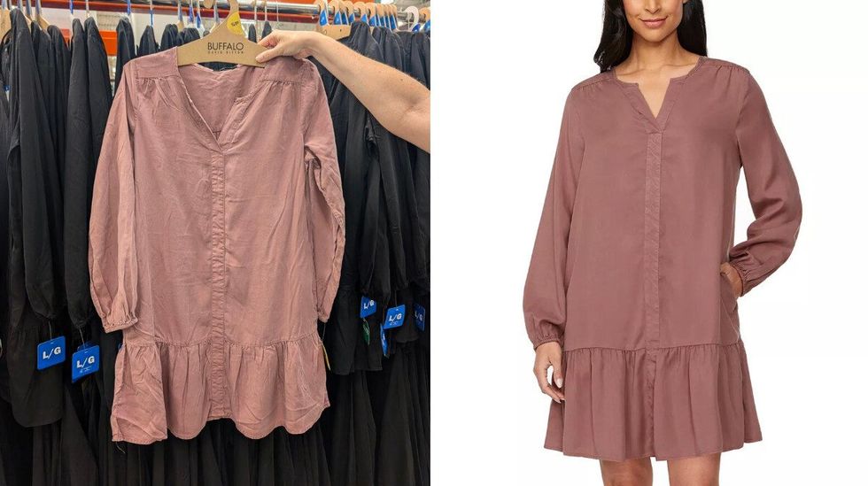 Une robe couleur vieux rose de marque Buffalo dans le rayon des v\u00eatements chez Costco. Droite : une mannequin qui la porte.