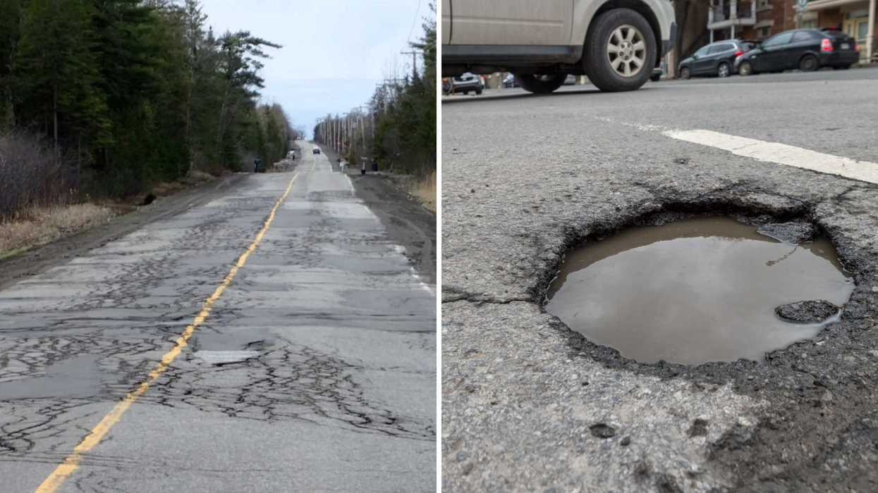 Une route endommagée du Québec. Droite : un nid-de-poule à Montréal.