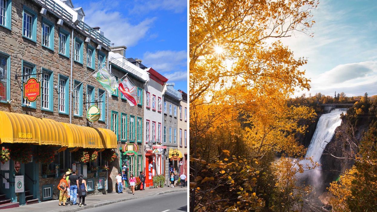 Une rue du Vieux-Québec. Droite : la chute Montmorency.