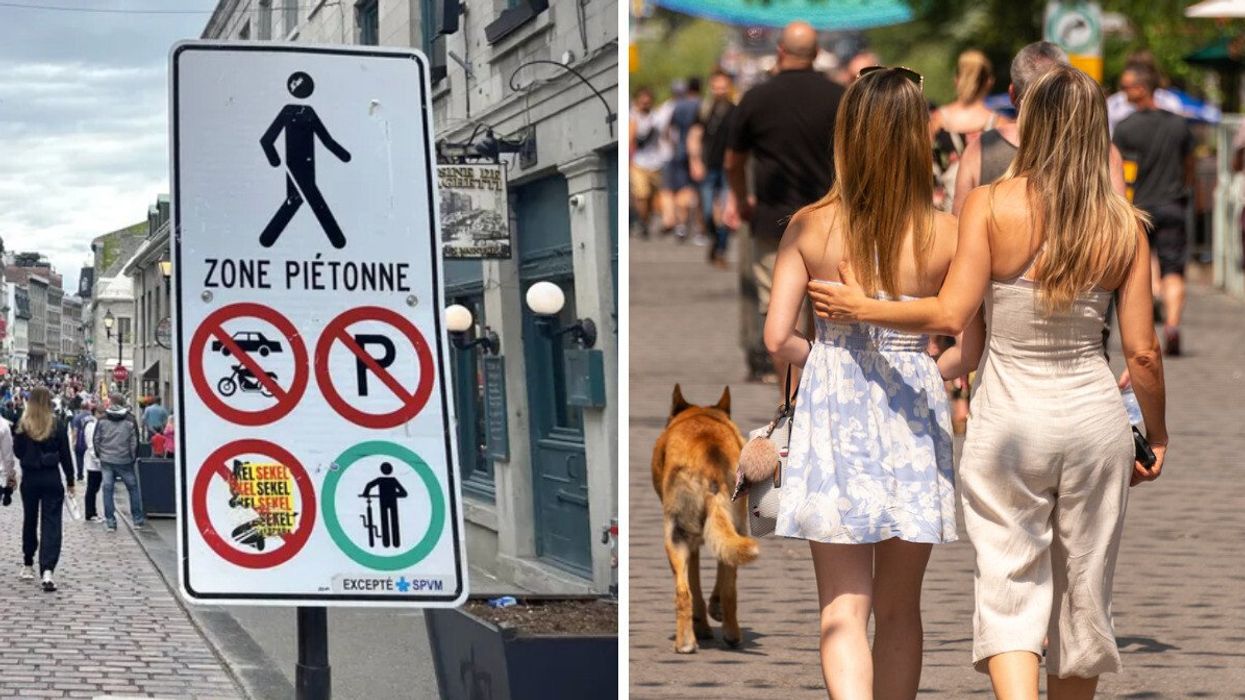 Une rue piétonne, dans le Vieux-Montréal. Droite : Deux filles marchent dans le Village à Montréal.