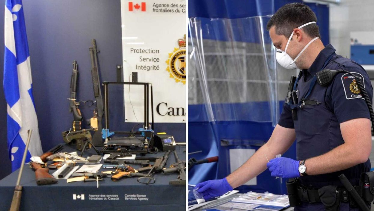 Une saisie d'armes. Droite : un agent de l'ASFC.