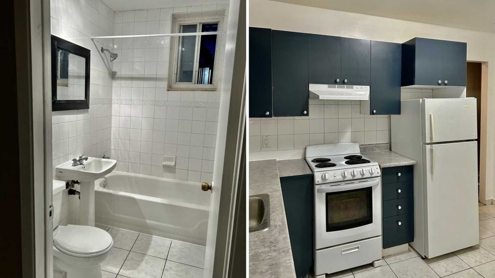 Une salle de bain. Droite : une cuisine.