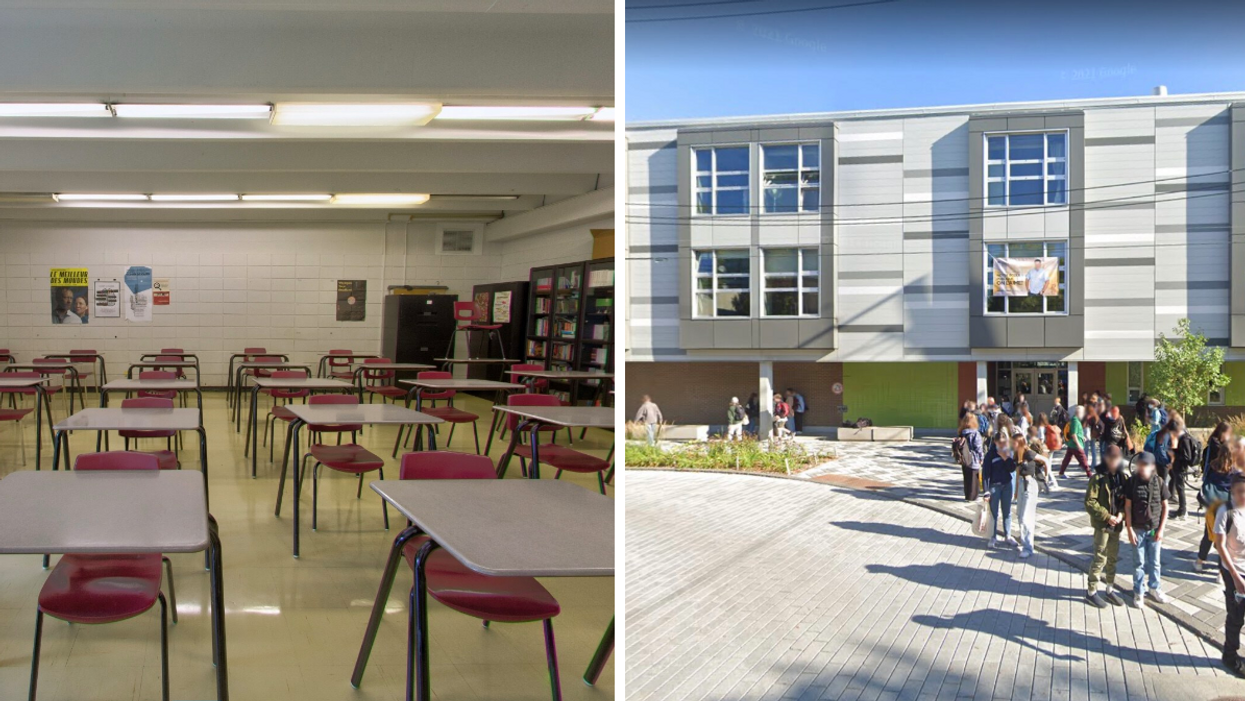 Une salle de classe. Droite : Des élèves sortent de l'École Robert-Gravel.