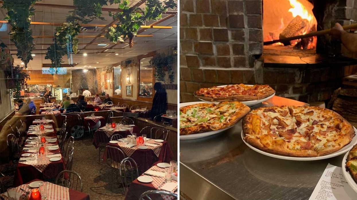 Une salle de restaurant. Droite : des pizzas.