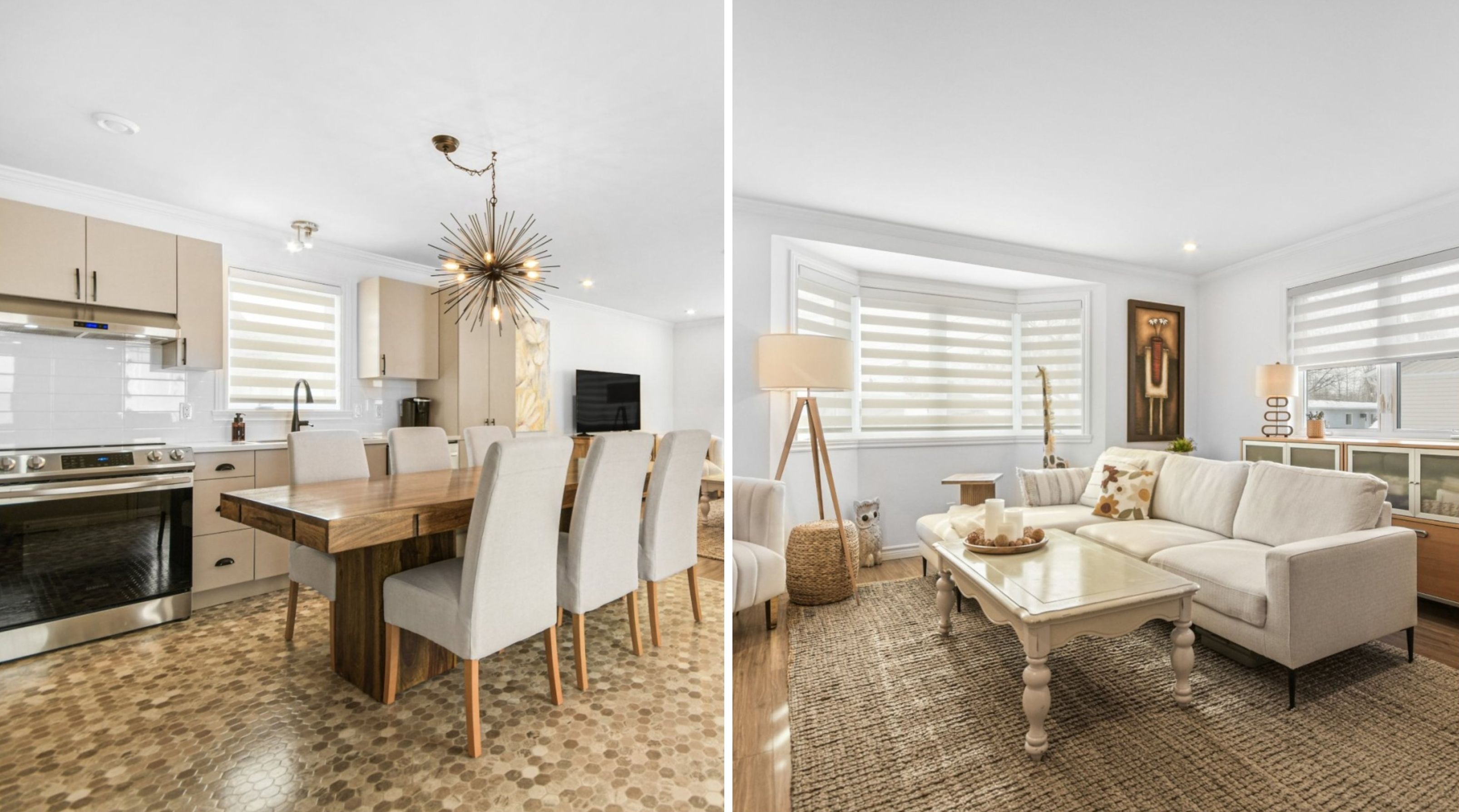 Une salle \u00e0 manger. \u00c0 droite : un salon.