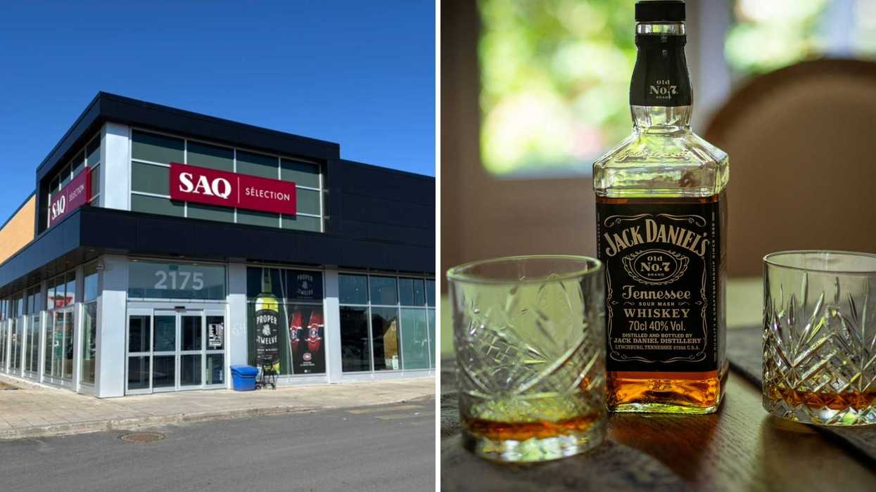 Une SAQ. Droite : une bouteille de Jack Daniel's.