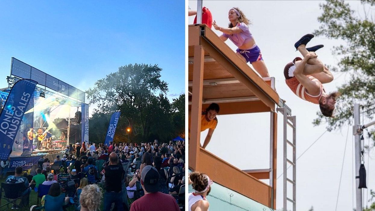 Une scène de concert pendant les Zones musicales. Droite. des acrobates de cirque.