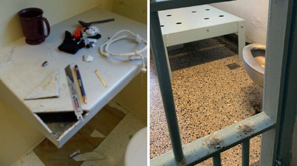 Une scie \u00e0 m\u00e9tal a \u00e9t\u00e9 retrouv\u00e9e dans une prison et plac\u00e9e sur une table avec d'autres mat\u00e9riaux. Droite: deux barreaux \u00e0 la prison de Hull ont \u00e9t\u00e9 sectionn\u00e9s.