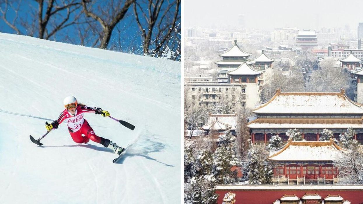 Une skieuse paralympique canadienne. Droite : Beijing en Chine.