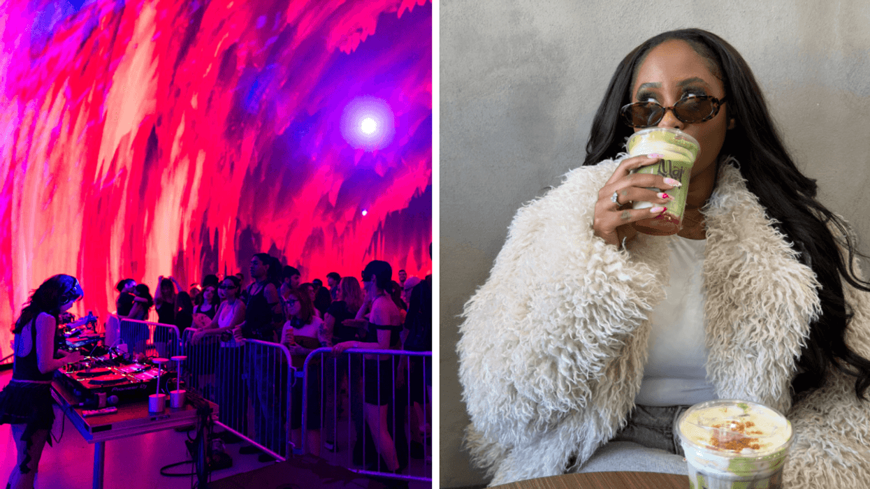 Une soirée sous le dôme de la SAT. Droite : Une femme qui bois un latte au matcha.