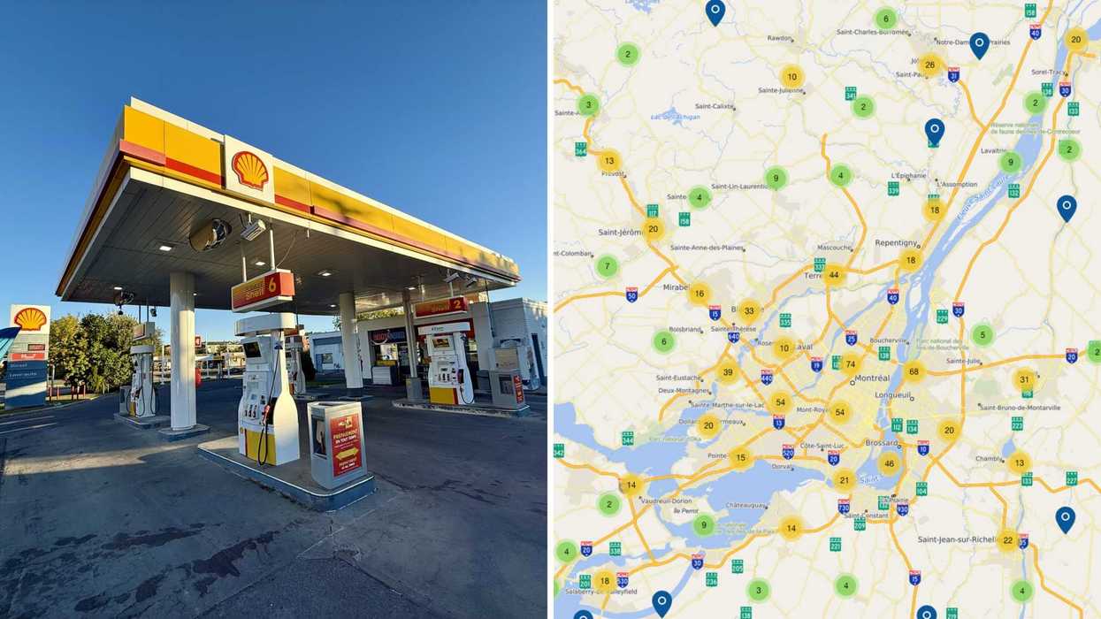 Une station-service. Droite : la carte interactive de Régie essence Québec.