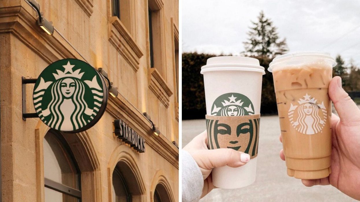 Une succursale du Starbucks. Droite : Deux boissons Starbucks, une chaude et une froide.