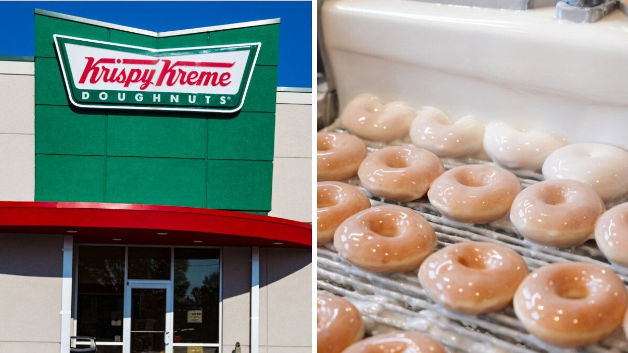 Une succursale Krispy Kreme. Droite : des beignes originaux glacés de Krispy Kreme.