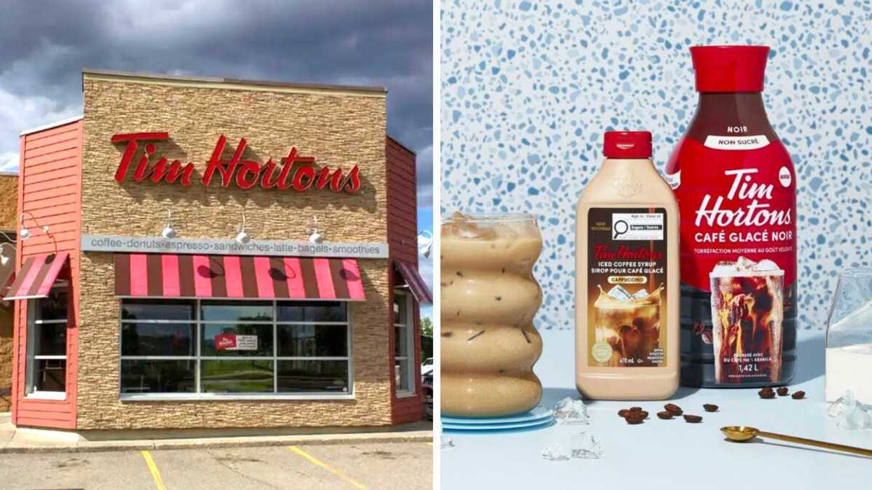 Une succursale Tim Hortons au Canada. Droite : Les cafés glacés prêts-à-boire et des sirops pour café glacé Tim Hortons.