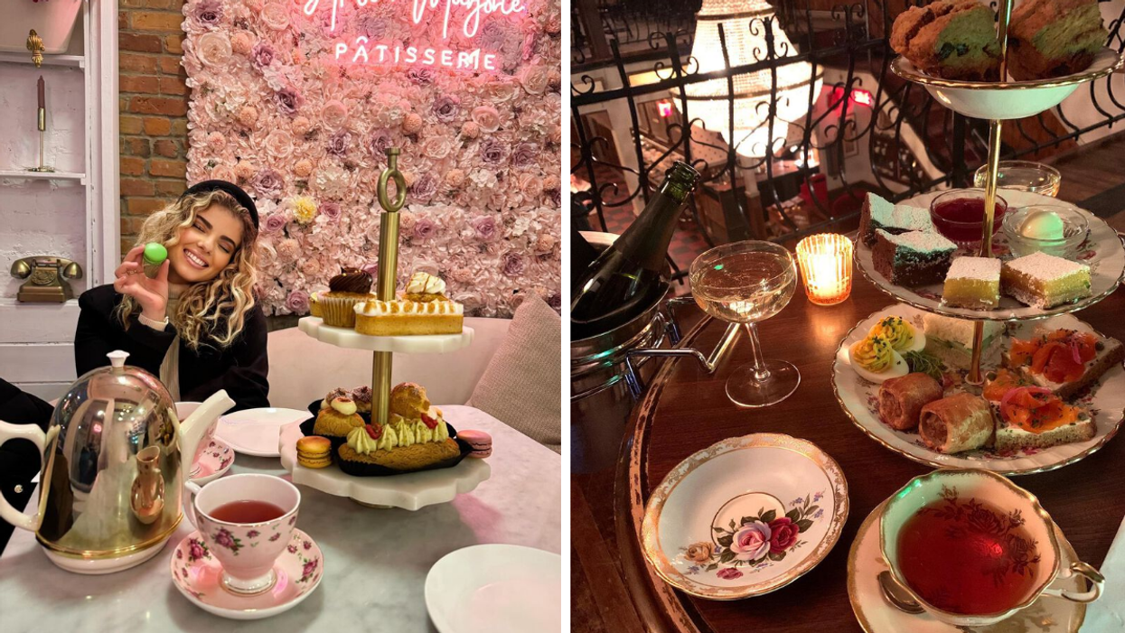 Une table garnie de pâtisseries chez Atelier Marjorie. Droite : Une tour « high tea ».