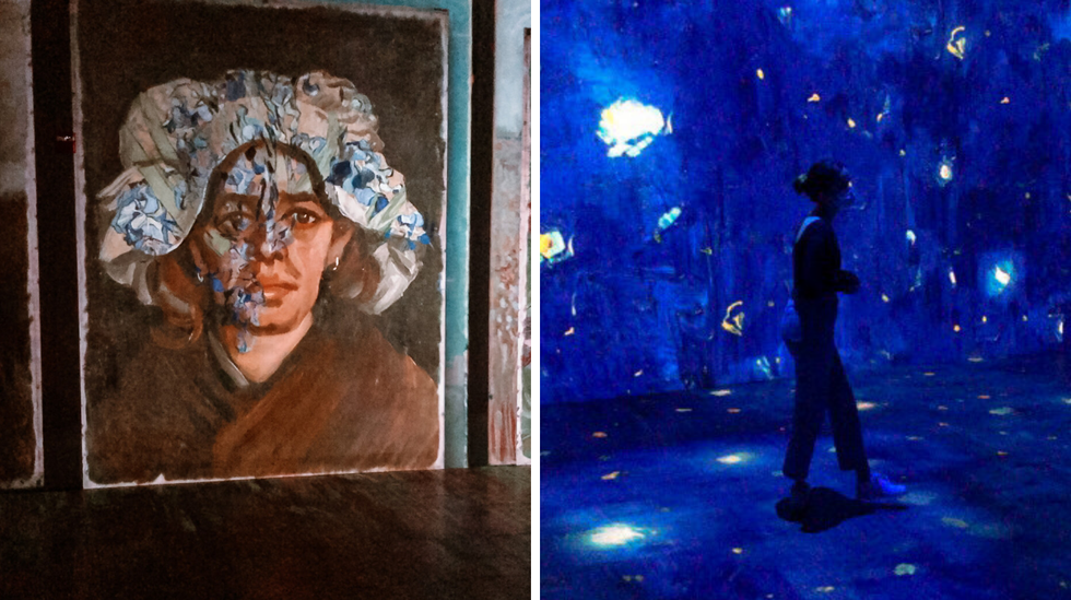 Une toile de Van Gogh projet\u00e9e sur le mur. Droite : Le sol et les murs de la troisi\u00e8me galerie sont recouverts de bleu.